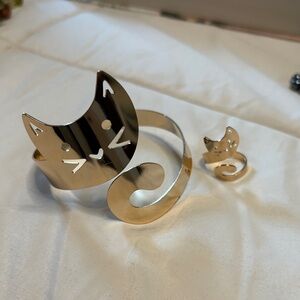 Gold Cat Cuff Bracelet and Ring Set